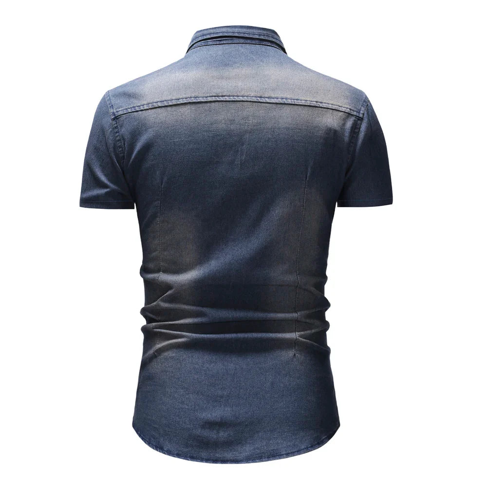 sanyamk Summer New Simple Men Denim Shirt Casual Business Mens Short Sleeve Shirts Fashion Polo Collar Male Tops