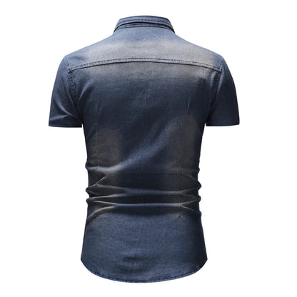 sanyamk Summer New Simple Men Denim Shirt Casual Business Mens Short Sleeve Shirts Fashion Polo Collar Male Tops