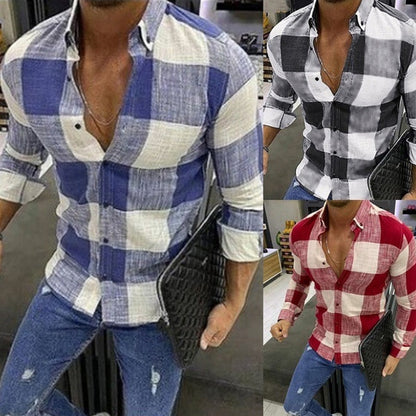 Bonsir Spring Fall Lapel Button Shirts Man Vintage Plaid Print Long Sleeve T-Shirt Top Fashion Men Clothing Business Shirts Streewtear