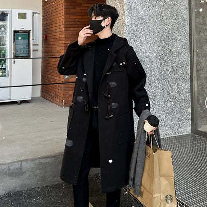 sanyamk Autumn Winter Men's Hooded Coat men Long  trench Coat with Lining Wool Blends Streetwear Knee Coats Casual Men's Outerwear Cloth