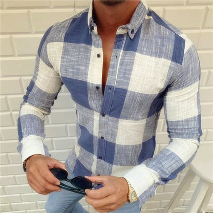 Bonsir Spring Fall Lapel Button Shirts Man Vintage Plaid Print Long Sleeve T-Shirt Top Fashion Men Clothing Business Shirts Streewtear