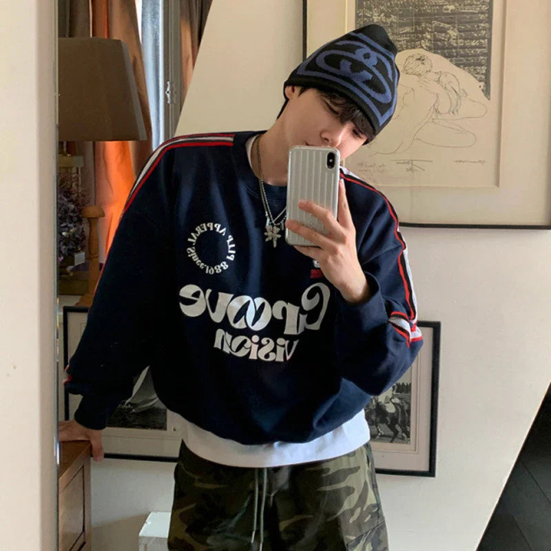 sanyamk  -  Letter Printing Men's Sweatshirts Round Collar Striped Contrast Color New Trendy Male Pullover Loose Tops Autumn 9C7916