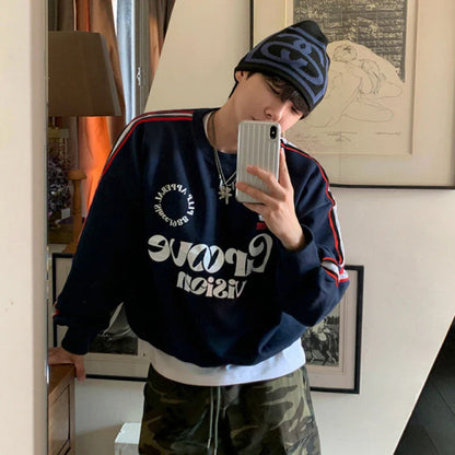 sanyamk  -  Letter Printing Men's Sweatshirts Round Collar Striped Contrast Color New Trendy Male Pullover Loose Tops Autumn 9C7916
