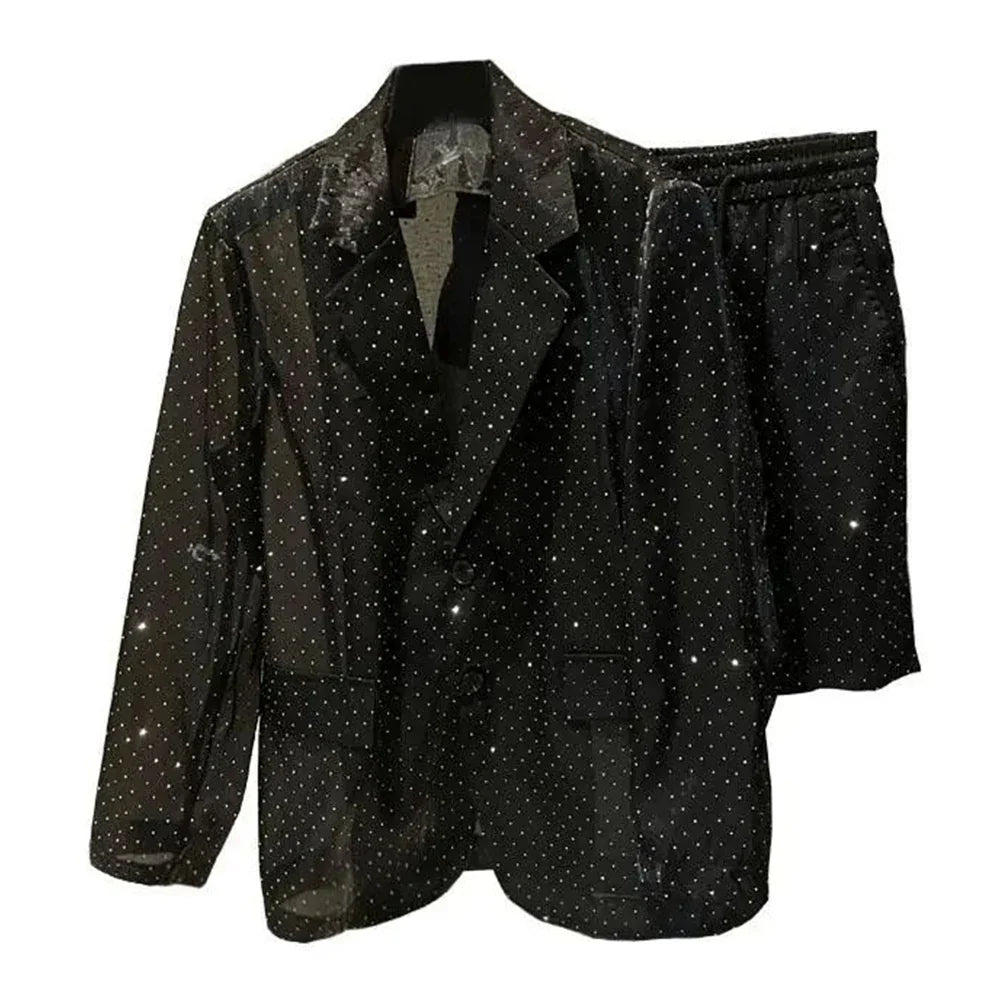 sanyamk Mens Autumn Winter Shiny Hot Diamond Thin Suit Suit New Nightclub Casual Origin See-Through Mesh Sexy Two-Piece Suit For Men