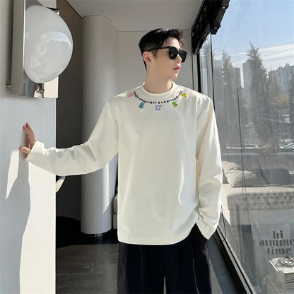 sanyamk  -   Simple Men's Colorful Embroidery Shirt Round Collar Male T-shirts New Stylish Long Sleeve Tops 2024 Spring Summer