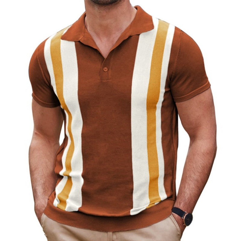 sanyamk Vintage Striped Patchwork Men's Knit Polo Shirt 2023 Spring Summer Casual Short Sleeve Lapel Button Tee Tops Men Clothes Fashion