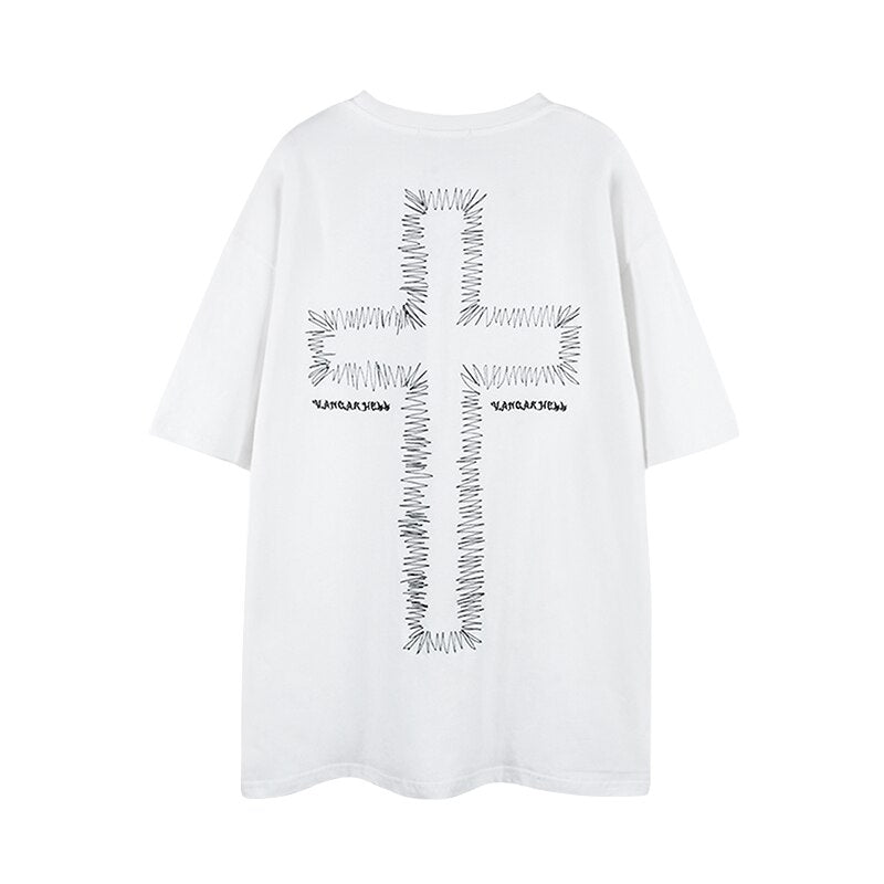 sanyamk 2022 New Arrival Summer Retro Dark Cross Embroidery Hip Hop High Street Couple Cotton O-neck Short Sleeve Personalized Tshirt