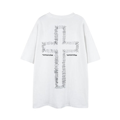 sanyamk 2022 New Arrival Summer Retro Dark Cross Embroidery Hip Hop High Street Couple Cotton O-neck Short Sleeve Personalized Tshirt