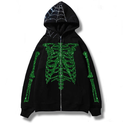 sanyamk Mens Black Streetwear Skull Hoodies Y2K Vintage Cardigan Skeleton Hoodie Men Oversized Zip Up Hooded Sweatshirt Tokyo Revengers