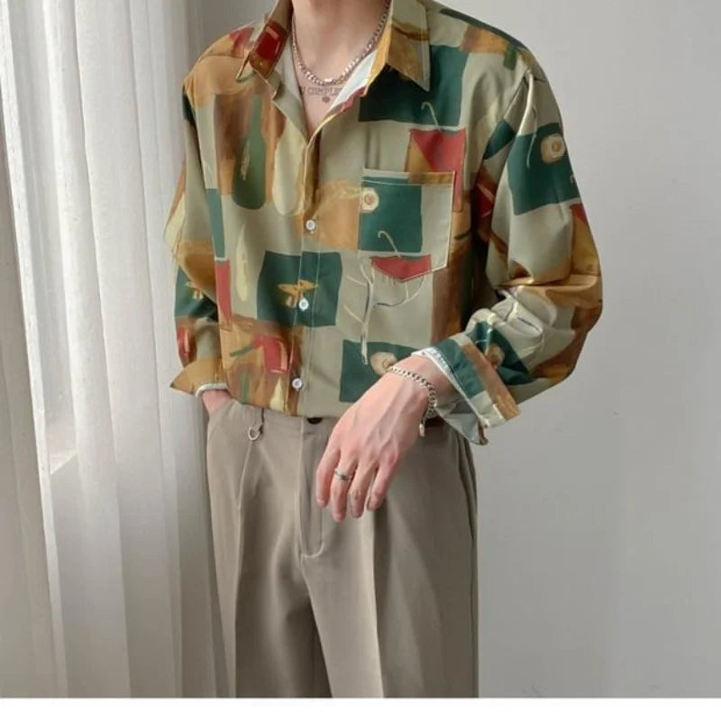 sanyamk Retro Oil Painting Harajuku Long-sleeved Shirt Men Ins Loose Design Sense Couples Paragraph Stretch Flower Shirt Tops