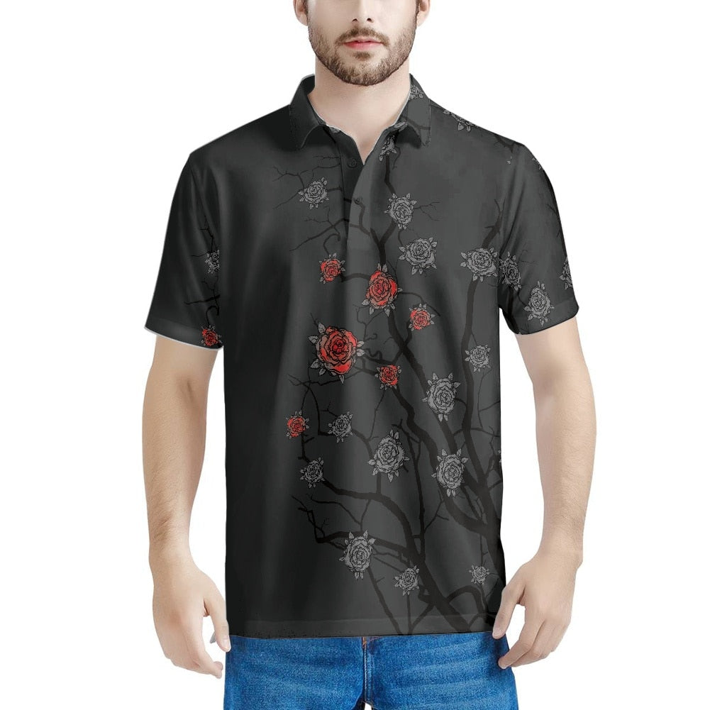 sanyamk Gothic Rose Pattern 2022 Summer Casual Polo Shirt Men Short Sleeve Turn Down Collar Slim Fit Holiday Beach Party Eye-catching