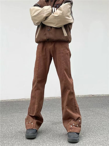 sanyamk New Fashion Vintage Brown Baggy Men Cargo Flare Jeans Pants High Street Hip Hop Women Casual Loose Denim Trousers Pantalon