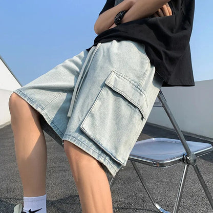 sanyamk Korean Summer Men's Wide Leg Denim Shorts New Fashion Loose Casual Elastic Waist Large Pocket Work Shorts Men's Brand Clothing