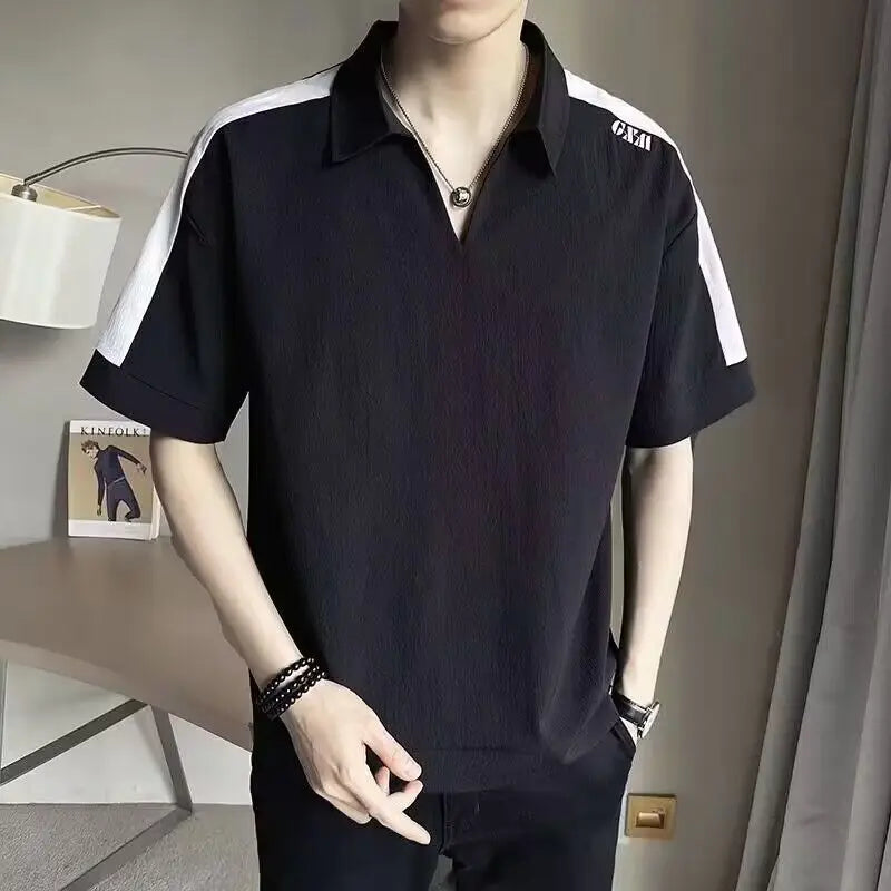 sanyamk Summer New Korean Fashion Trend Versatile Short Sleeved Polo Shirt Men's Lapel Patchwork Design Embroidery Loose Casual Thin Top