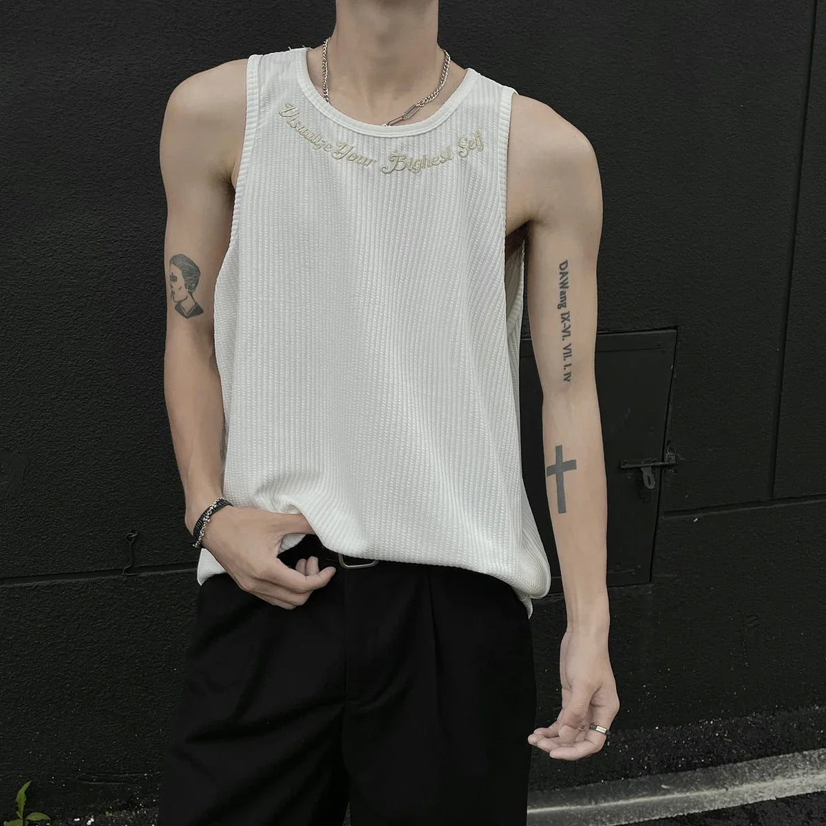 sanyamk  -  Summer Men's Letter Embroidery Tank Top Black White Oversized Sleeveless T-shirts for men