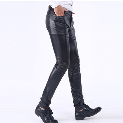 Bonsir Men's Leather Pants Spring Autumn Slim Fit Elastic Style Male Fashion PU Leather Trousers Moto Pants Solid Color Casual Bottoms