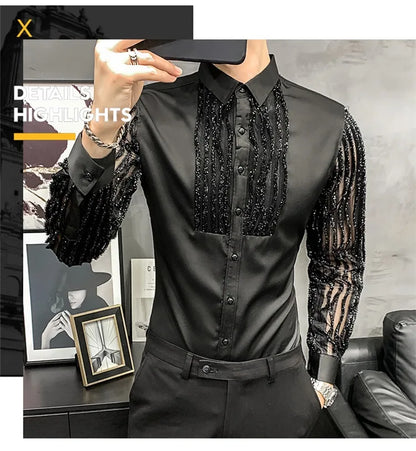 Bonsir Lace Hollow Shirts for Men Long Sleeve Slim Fit Streetwear Social Party Blouse Nightclub Singer Dj Clothing Camisas Para Hombre