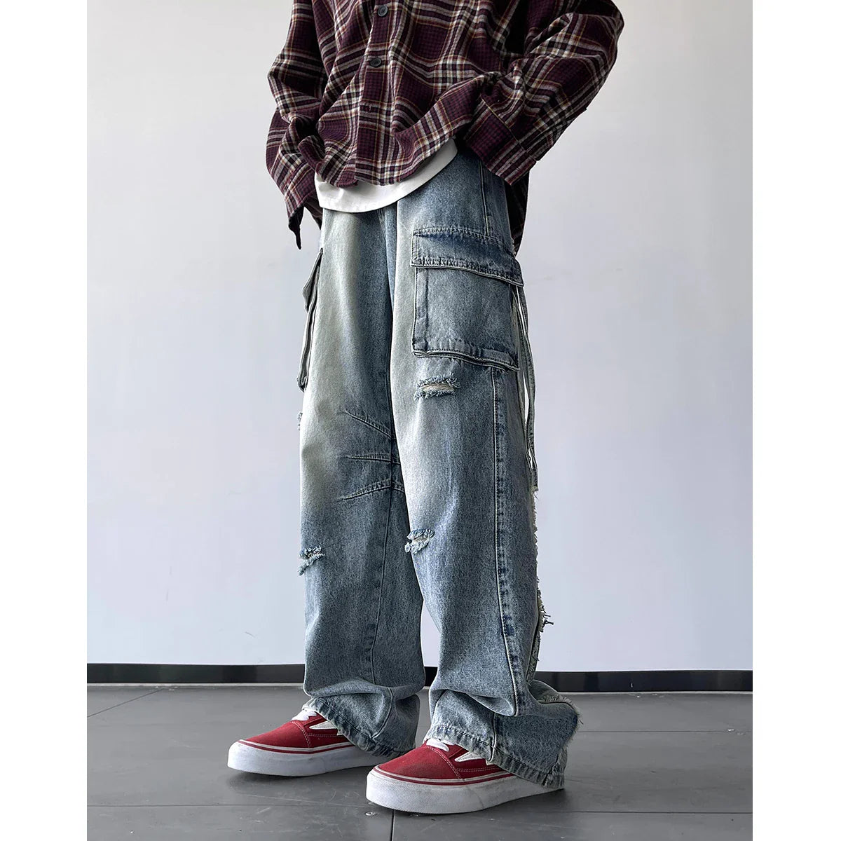 sanyamk Men Ripped Holes Cargo jeans Fashion Burrs Vintage Blue Streetwear Casual Denim Pants Unisex Hip Hop Patchwork Jean Pants