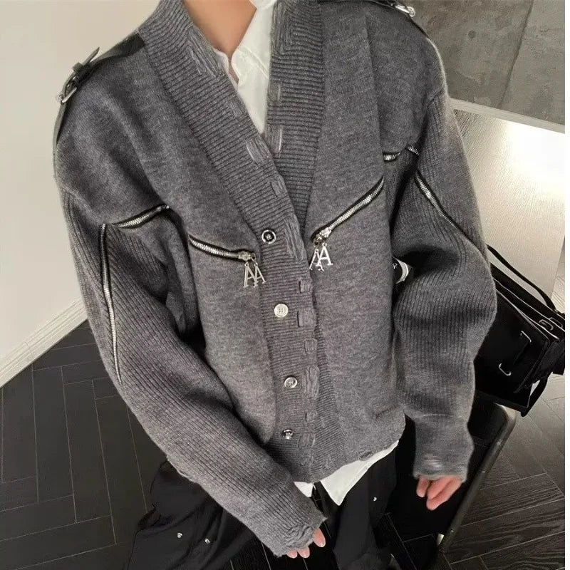 sanyamk Harajuku Double Zipper Knitted Cardigan Men Vintage Loose Knitted Sweater Punk Hip Hop Retro Design Jumpers Jacket