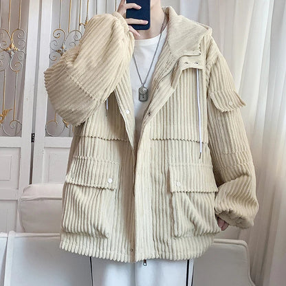 sanyamk Corduroy Men Cargo Jackets Autumn Outerwear Male Multi-pocket Hooded Coat Mens Jacket Korean Fashion Windproof Tops Streetwear