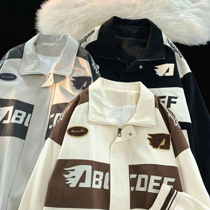 Bonsir American Vintage Racing Jacket Men Cycling Lapel Jacket Women BF Letter Varsity Coat Oversize High Street Vibe Baseball Uniform