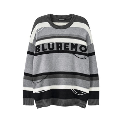 sanyamk Color Match Letter Striped Pullover Crew Neck Men's Sweater Loose Retro High Street Knitted Patchwork Couple Winter Clothes