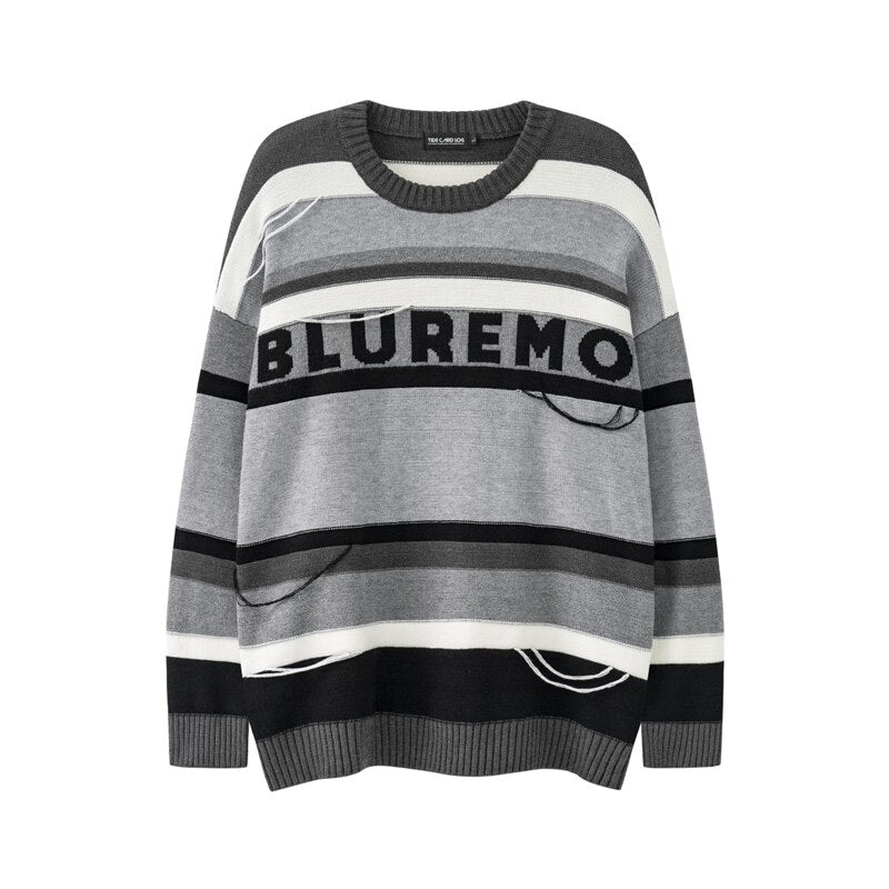 sanyamk Color Match Letter Striped Pullover Crew Neck Men's Sweater Loose Retro High Street Knitted Patchwork Couple Winter Clothes