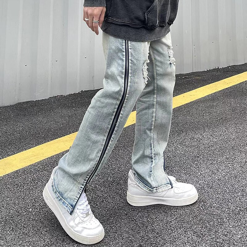 sanyamk Retro Ripped Side Long Zipper Hole Washed Jeans Pants for Male and Female Straight Hip Hop Baggy Denim Trousers Oversized