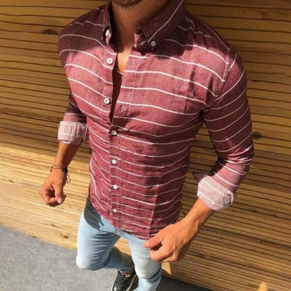 Bonsir Vintage Striped Printing Long Sleeve Shirts For Men Spring Autumn Casual Button-up Turn-down Collar Shirt Mens Fashion Tops