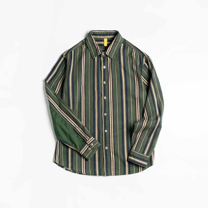 sanyamk Vintage Men Green Vertical Striped Shirts Long Sleeve Cotton Button Up Tops Male Shirt Tops Korean Streetwear Camisas De Hombre