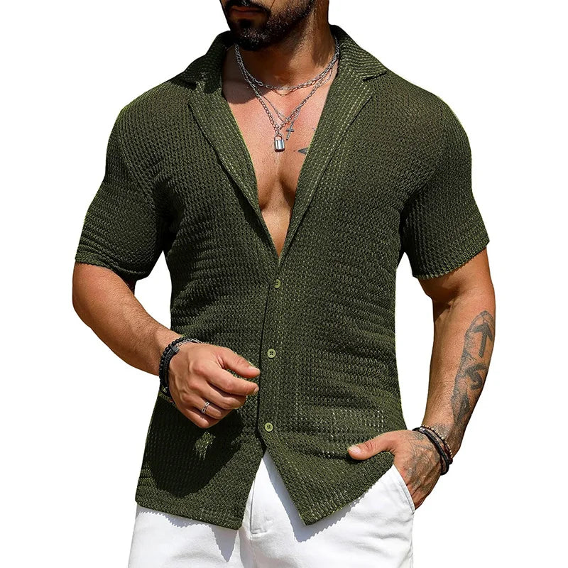 sanyamk Summer Short Sleeve Thin Knit Polos Tops Man Turn Down Collar Casual Daily Tee Shirt 2024 Sexy Hollow Out Male Button Polos