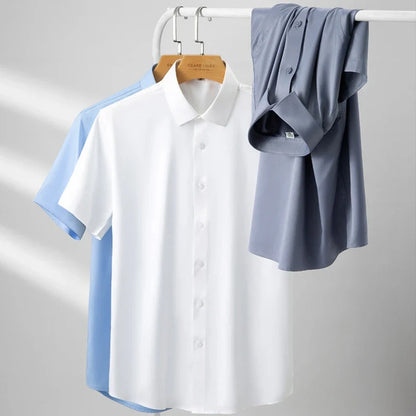 sanyamk  Summer Short Sleeve High Density Silky Material Solid  Elastic Business Men Dress Shirts No Pocket Stretch Clothes