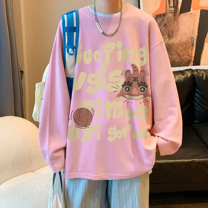 Bonsir Letter Printing O-Neck Sweatshirt Men's Autumn Retro Cartoon Graphic Tops Oversize Couple's Fit Harajuku Y2k Sweatshirt Up To5XL