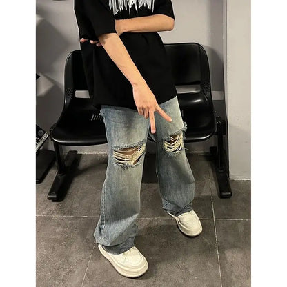 sanyamk American style summer retro high street washed jeans for men and women hip-hop straight fit loose and handsome casual pants y2k