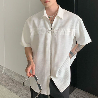 sanyamk  Short Sleeve Shirt Mens Temperament Casual Top Tees New Summer Loose Textured Y2K Shirts Solid Male Tops  Neutral Camisetas