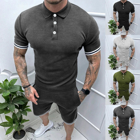 sanyamk  -  2024 Spring Summer Fashion Two Piece Suits Mens Short Sleeve Patchwork Polo Shirts And Shorts Sets For Men New Casual Outfits