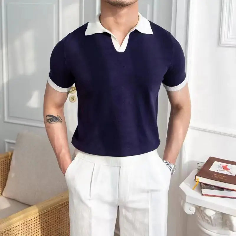 sanyamk  -  New Fashion Knitted Polo Shirt For Men Patchwork V-neck Short Sleeve Tops Japan Style Smart Casual Polos Tshirts Summer