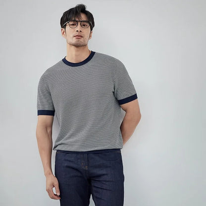 sanyamk  -  Men's Short Sleeve T-shirts Casual Knitting Striped Tops All-match Solid Color Pullover Soft Slim Fit Breathable T Shirt C104