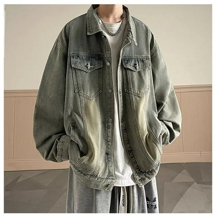 sanyamk Versatile Fashion Atutumn Winter Men's Solid Casual Loose Pockets Denim Jacket Retro Coat Cool Boys Patchwork Pockets