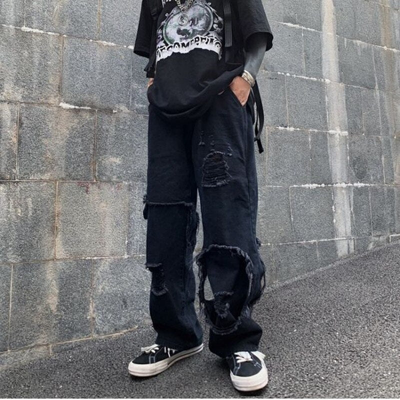 Bonsir High Street Dark Personality Destroys Raw Edge Fake Two Trendy Jeans Ripped Harajuku Punk Wide-leg Straight Denim Pants Black