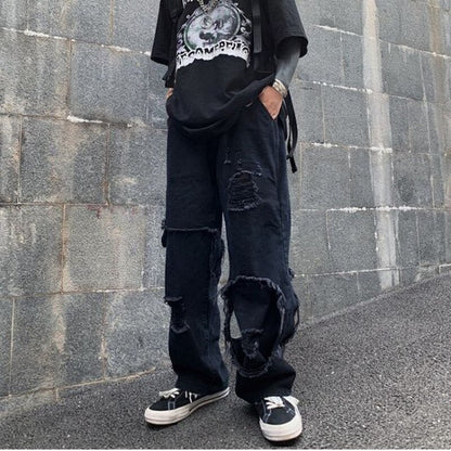 Bonsir High Street Dark Personality Destroys Raw Edge Fake Two Trendy Jeans Ripped Harajuku Punk Wide-leg Straight Denim Pants Black