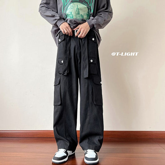 Bonsir High Street Casual Multi-pockets Overalls Men's and Women's New Autumn Cargo Pants Loose Straight Wide Leg Pants With Belt