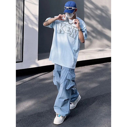 Bonsir American vibe high street men blue overalls men and women summer trend hiphop all-match loose straight couple casual pants