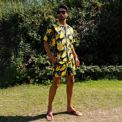 sanyamk Summer Men's Beach Casual Short Sleeve Shorts Set Fashionable Banana Print Hawaiian Vacation Lapel Floral Shirt Two-Piece Set