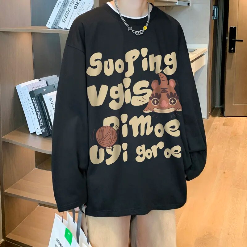 sanyamk Letter Printing O-Neck Sweatshirt Men's Autumn Retro Cartoon Graphic Tops Oversize Couple's Fit Harajuku Y2k Sweatshirt Up To5XL