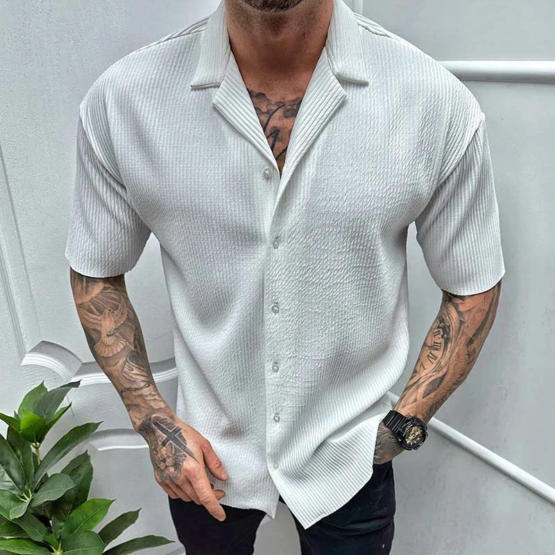 sanyamk Leisure Solid Color Ribbed Shirts Men Clothes Fashion Short Sleeve Lapel Button Shirt 2023 Spring Summer Men's Casual Streetwear