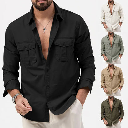 sanyamk 2024 Spring Summer New Casual Loose Cotton Men Top Fashion Double Pocket Male Long Sleeved Shirt