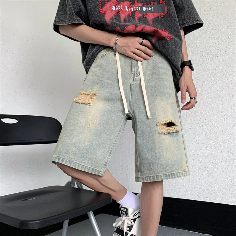 sanyamk Black Baggy Men Jeans Shorts Ripped Summer Japanese Hip Hop Streetwear Harajuku Denim Bermuda Masculina