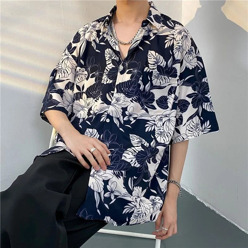 sanyamk Summer Printing Short Sleeve Shirt Men Fashion Society Mens Dress Shirt Korean Loose Ice Silk Shirts Mens Hawaiian Shirt