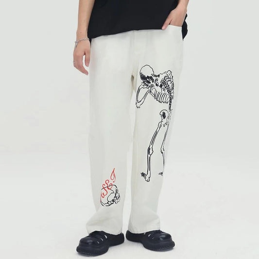 Bonsir Skull Print Baggy Jeans Men High Street LGBT Vintage Hip Hop Washed High White Waisted Jeans Trousers Man Y2k Casual Jeans Pants